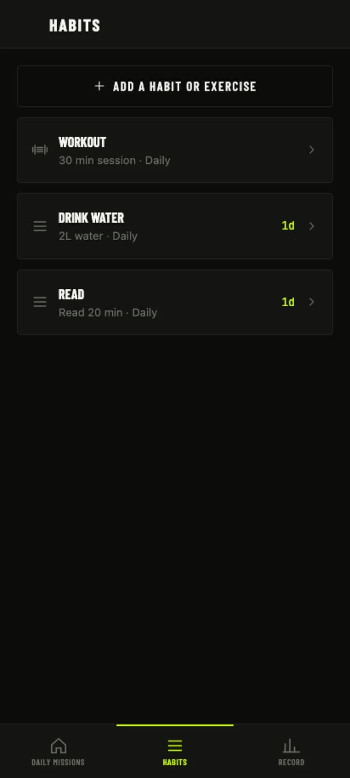 Sergeant: Habit and exercise list